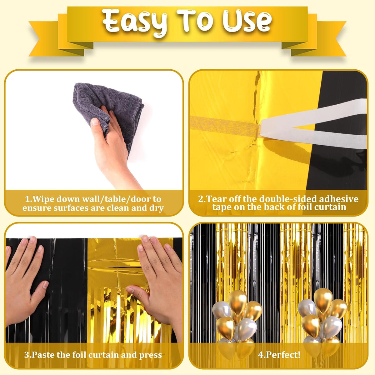 2 Pack Black and Gold Foil Fringe Backdrop Curtains, Tinsel Streamers Birthday Party Decorations