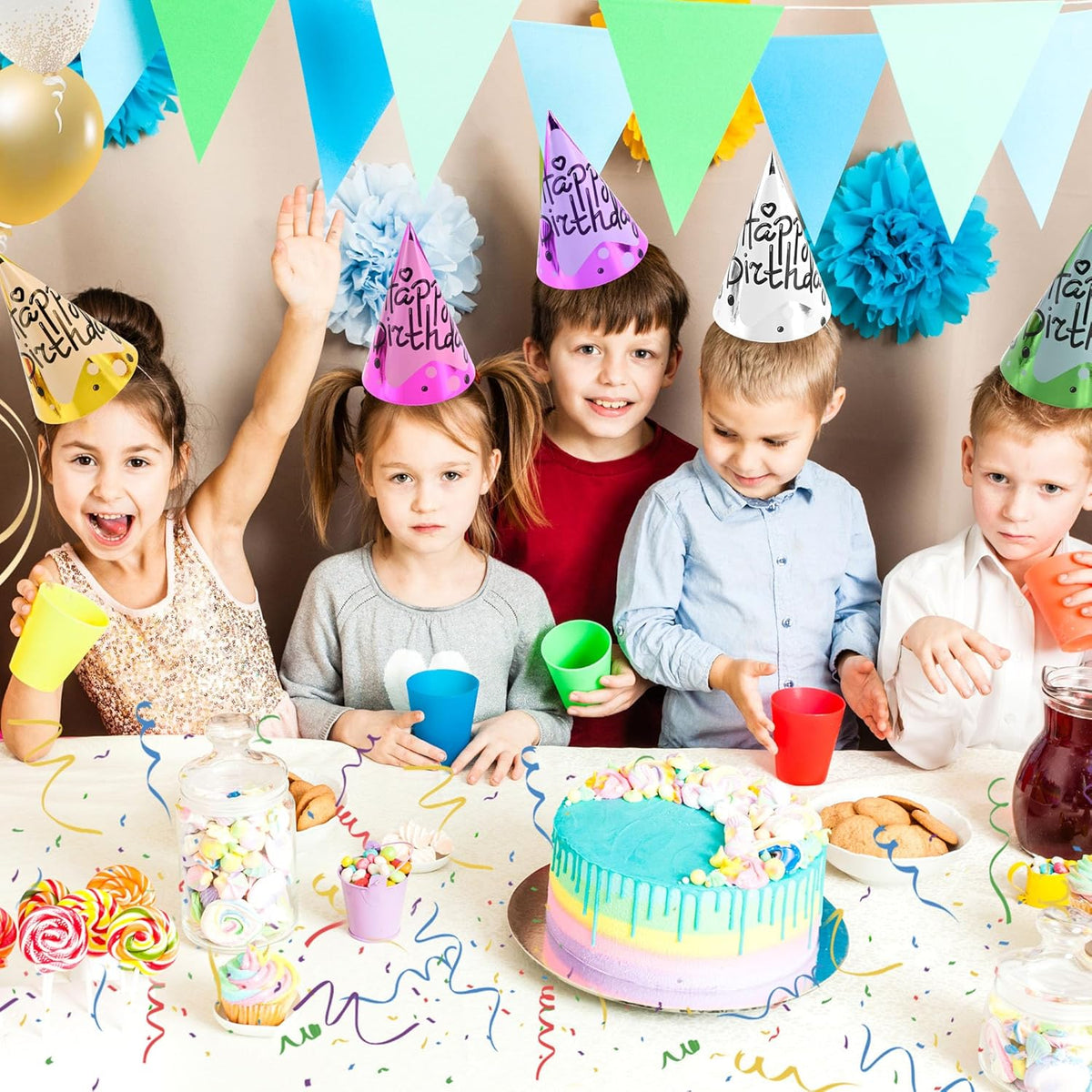 CANREVEL Party Hats for Kids and Adults, Birthday Party Headwear Supplies, Cone Hats Bulk for Girls