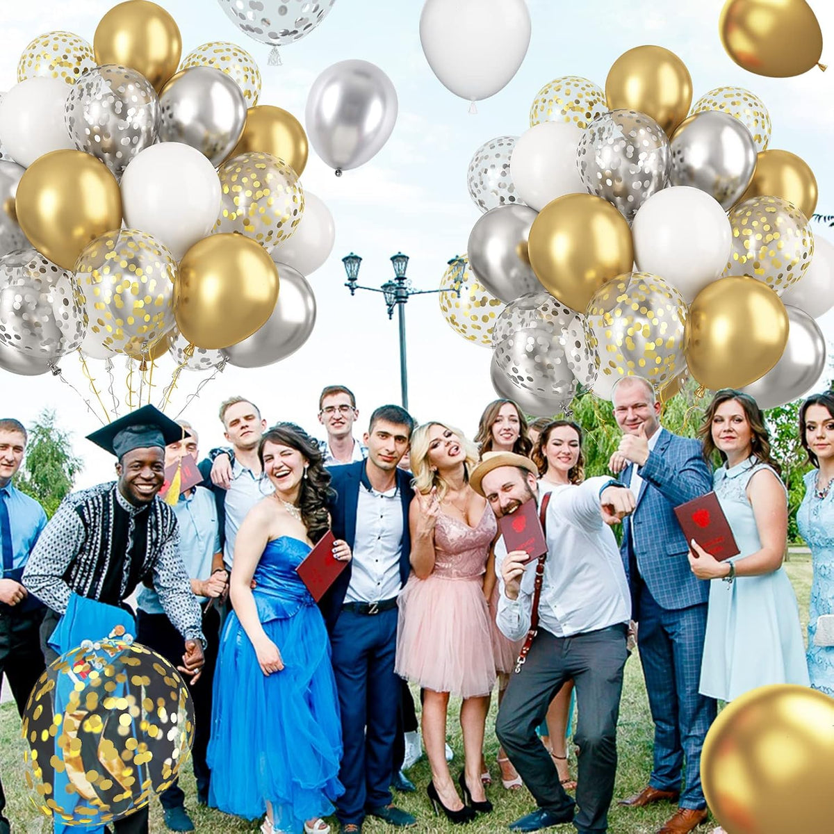 Paready Gold and Silver Latex Balloons, 60 Pcs 12 Inch Metallic Gold Silver and White Confetti