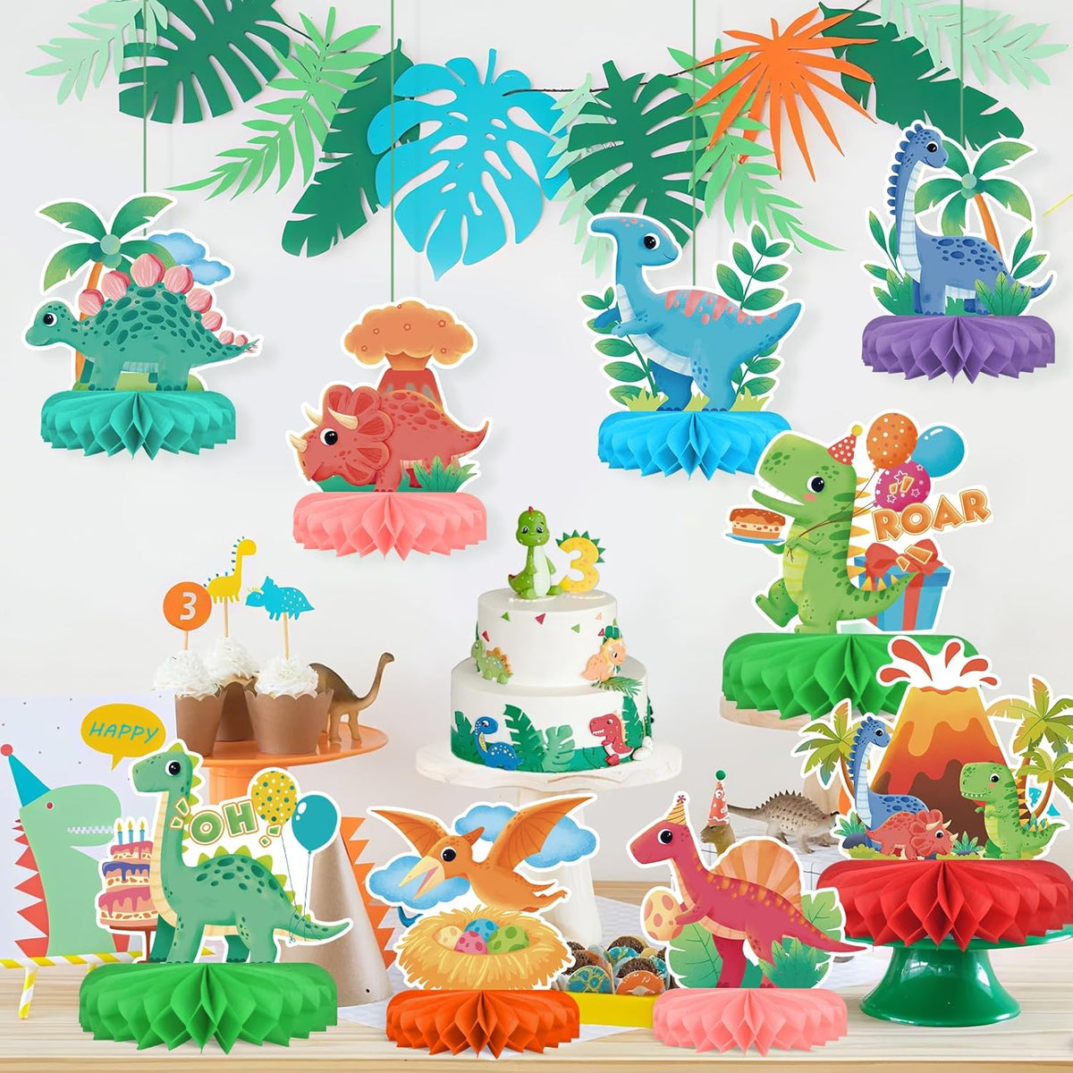 Dinosaur Birthday Party Supplies Kit - Dinosaur Themed Table Decorations with Honeycomb Centerpiece