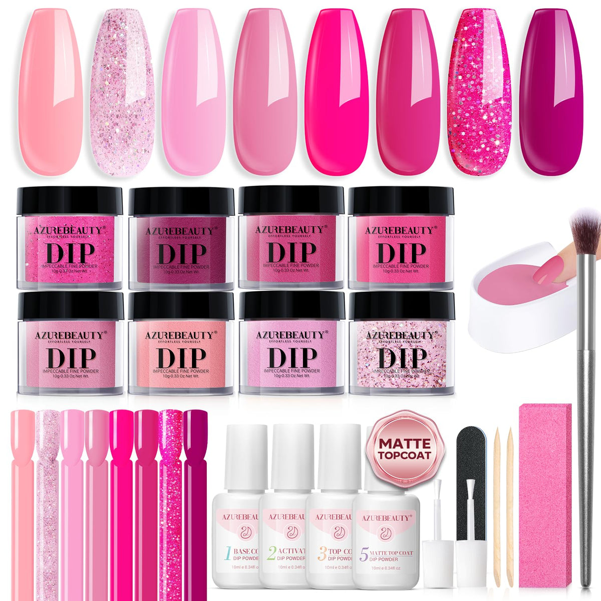 AZUREBEAUTY Dip Powder Nail Starter Kit with Matte Coat, 8 Hot Pink Glitter Neon Summer Color