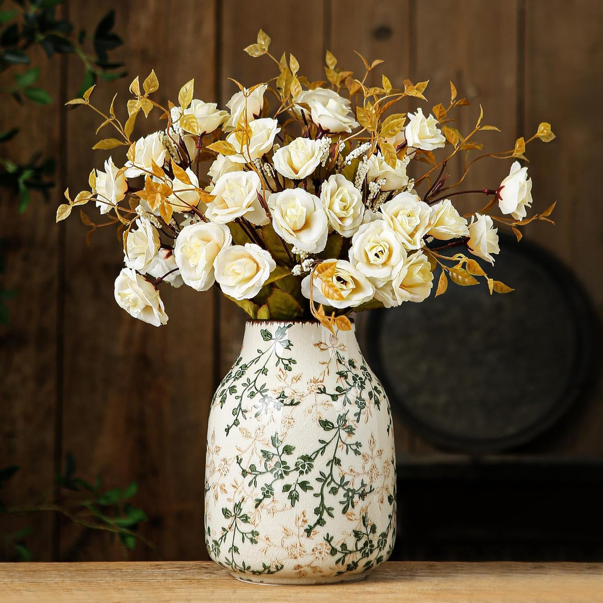 Green and Beige Vintage Vase, Chinoiserie Floral Vase, Rustic Ceramic Large Vases for Home Decors