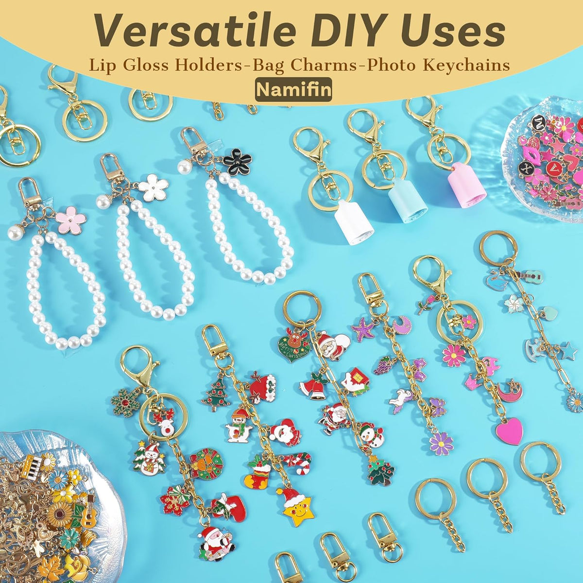 Namifin 384 Pcs Lip Gloss Keychain Making Kit with Charms & Keychain Clips - DIY Bag Charms, Photo
