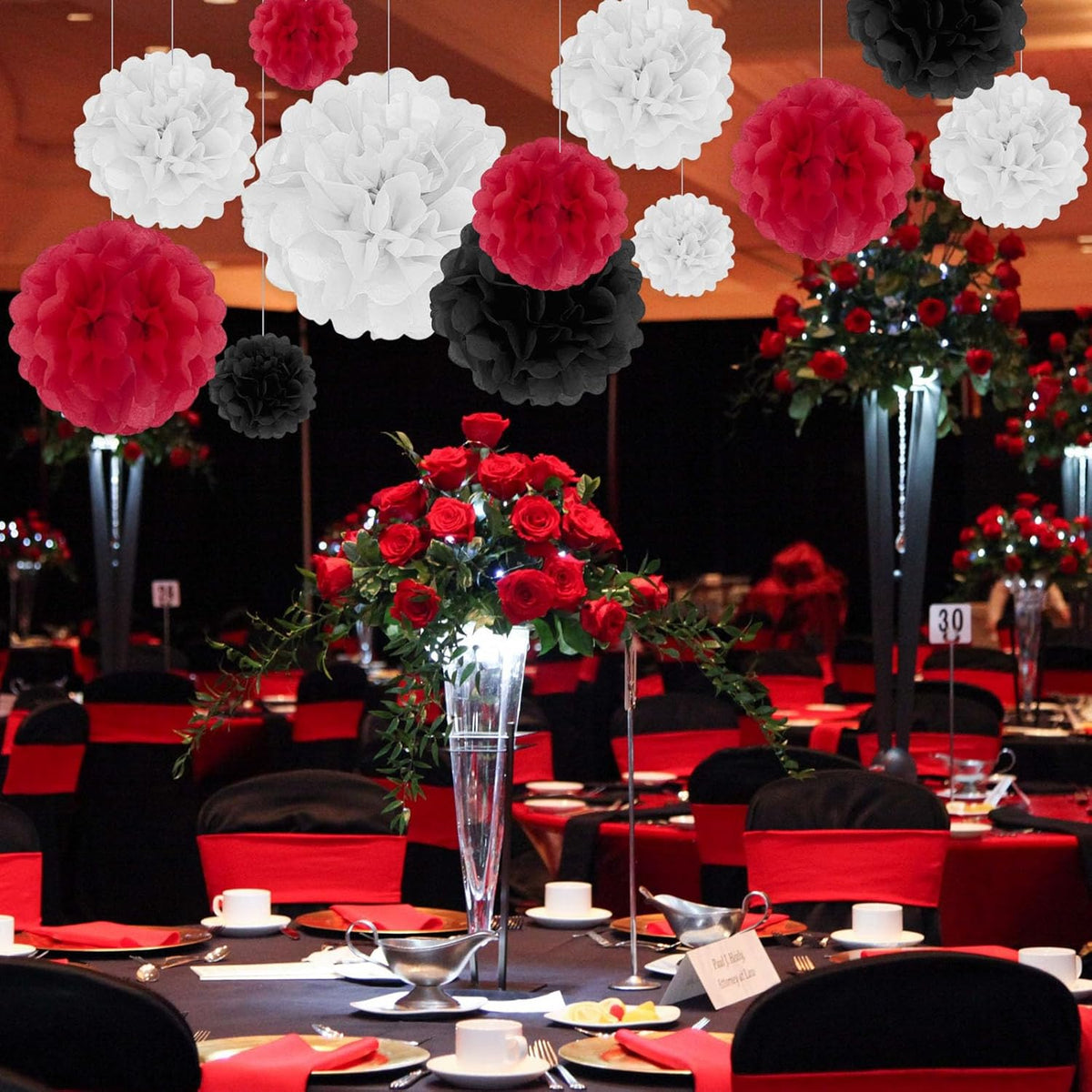 Tissue Paper Pom Poms, Black White Red Tissue Paper Flowers, Hanging Flower Balls for Weddings