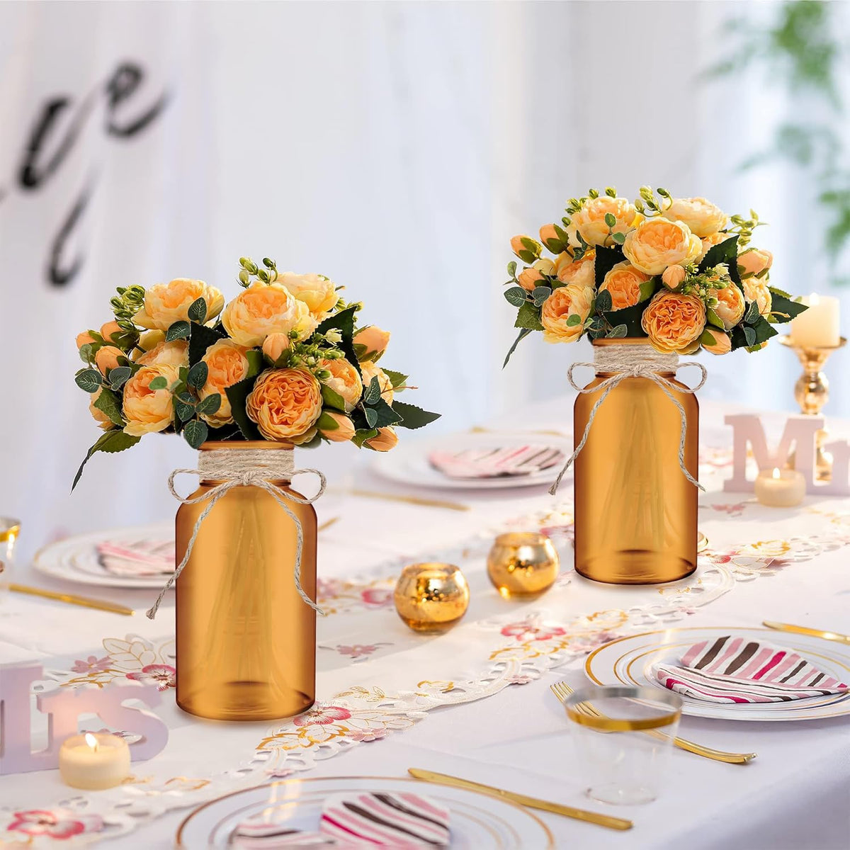 Vintage Glass Flower Vase，12 Pack Farmhouse Amber Gold Glass Centerpiece Vases Mason Jars for
