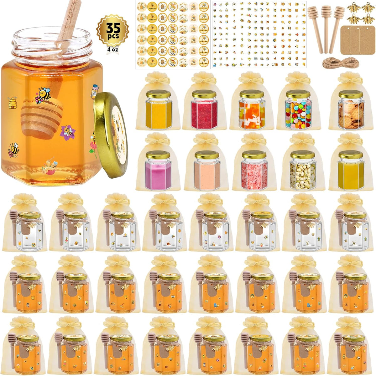 35 Pack 4 oz Mini Hexagon Glass Honey Jars with Dippers, Gold Lids, Bee Stickers, Bee Charms, Gift