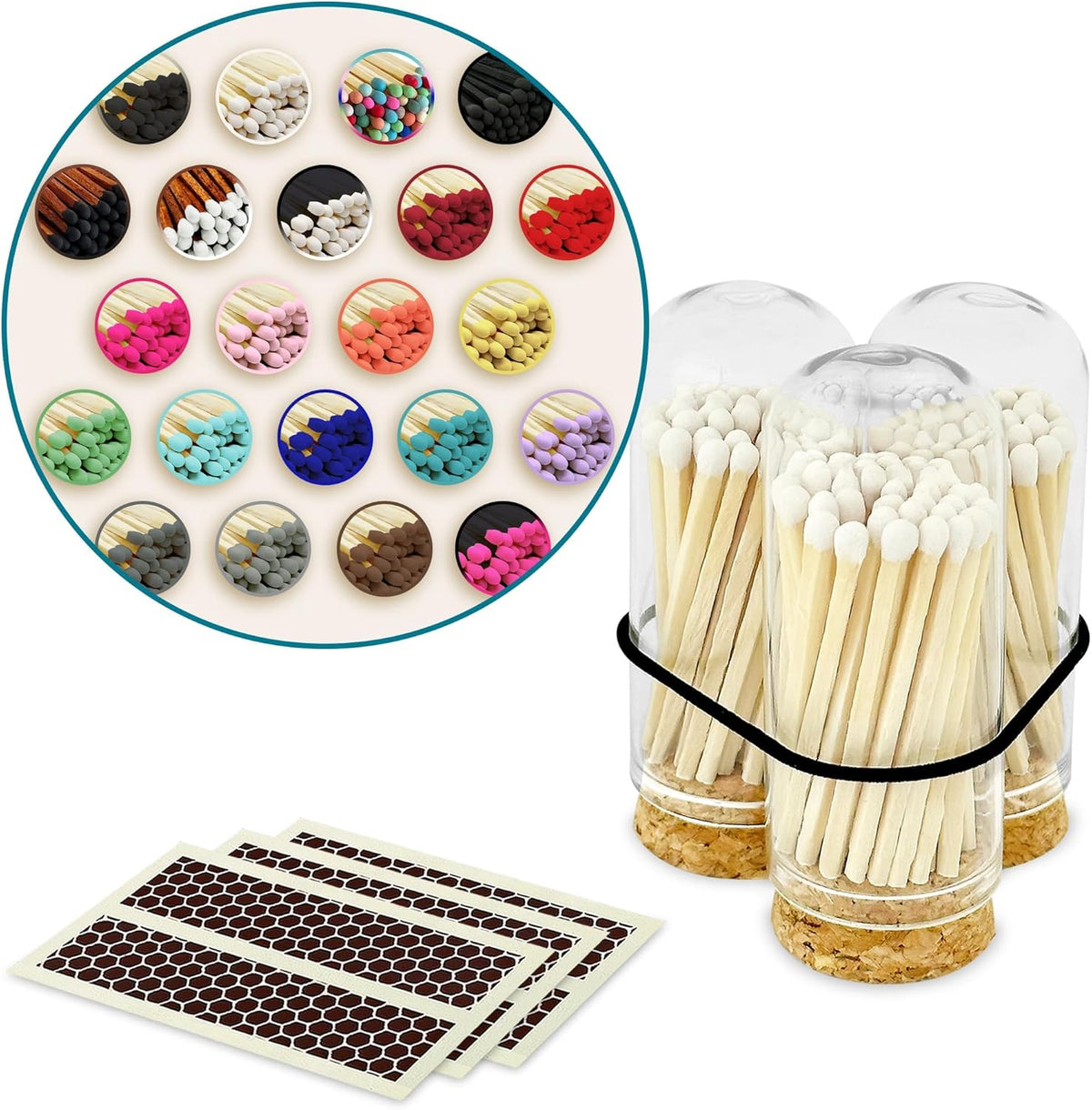 2" Matches in 3 Mini Glass Cloche Jars + Striker Stickers Included | 100 Matchsticks Color of Your