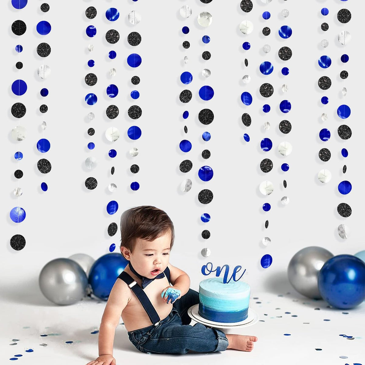 46Ft Navy Blue Black Silver Circle Dots Garland Royal Blue Black Polka Dots Streamer for Birthday
