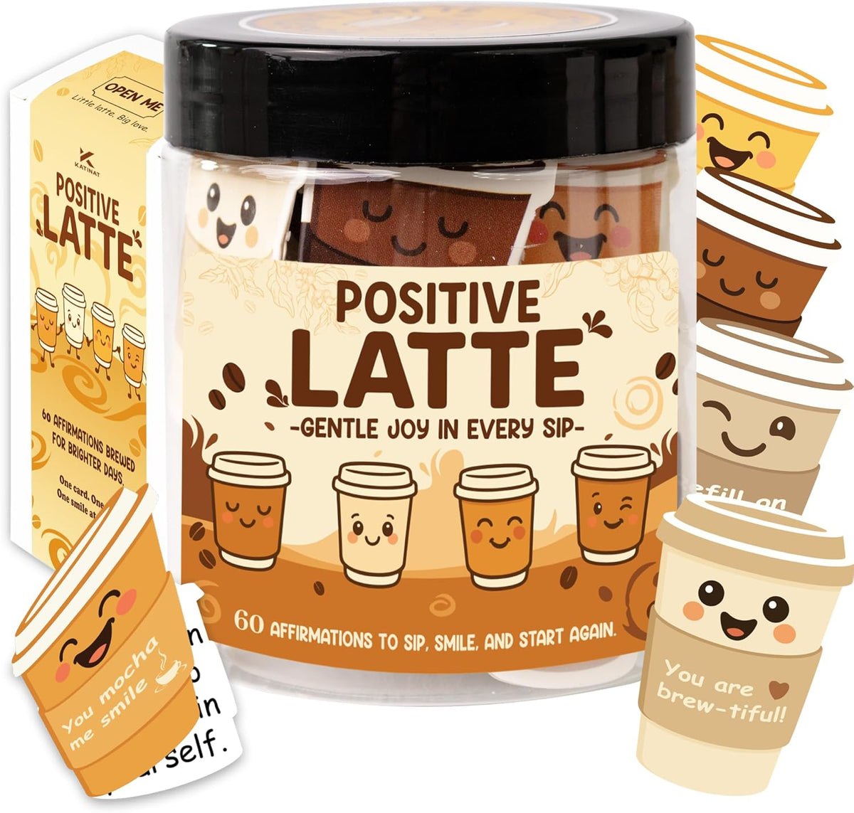 Positive Latte Affirmation Jar – 60pcs Cute Emotional Support Lattes – Coffee Gifts for Women, Men