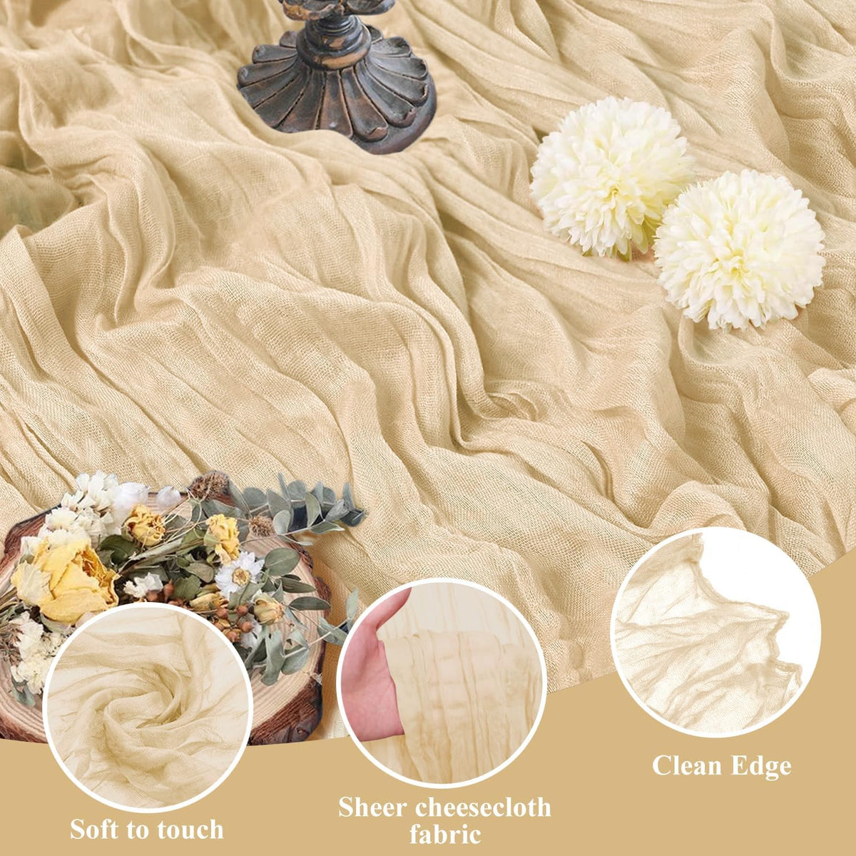 Asee'm Cheesecloth Table Runner 120 Inches Long Sand Boho Gauze Cheese Cloth Runner 10FT Rustic
