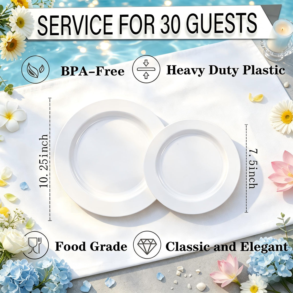 FLOWERCAT 60PCS White Plastic Plates - Heavy Duty White Disposable Plates for Outdoor/Birthday