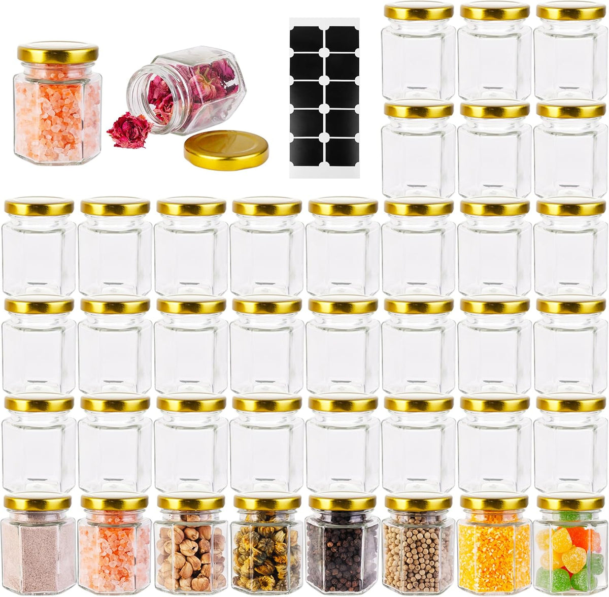 Small Glass Honey Jars with Lids 3oz,40 pack Airtight Glass Canning Jars with Gold Lids,Hexagon