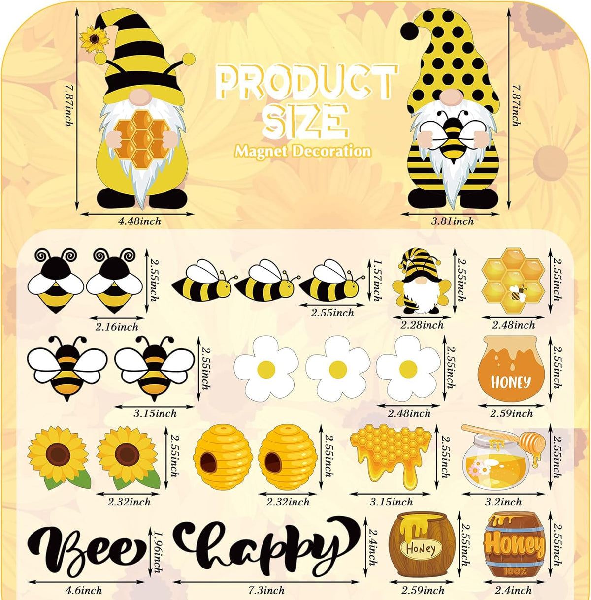 Xuhal 25 Pcs Bee Decor Refrigerator Magnets Happy Bee Gnome Sunflower Magnetic Stickers Car Magnets