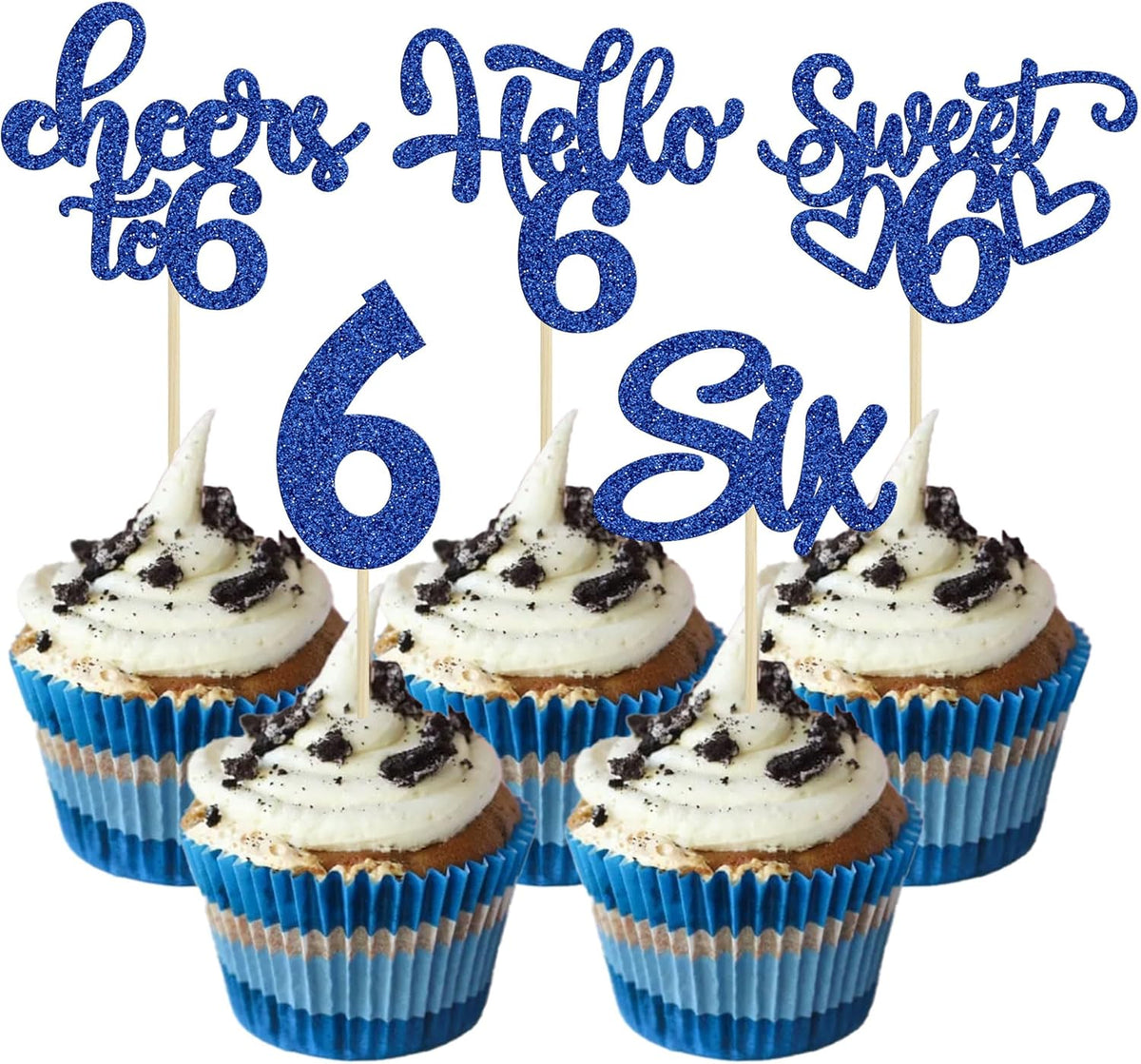 30Pcs 6th Birthday Cupcake Toppers Glitter Six Hello 6 Cupcake Picks Cheers to 6 Years Old Cake