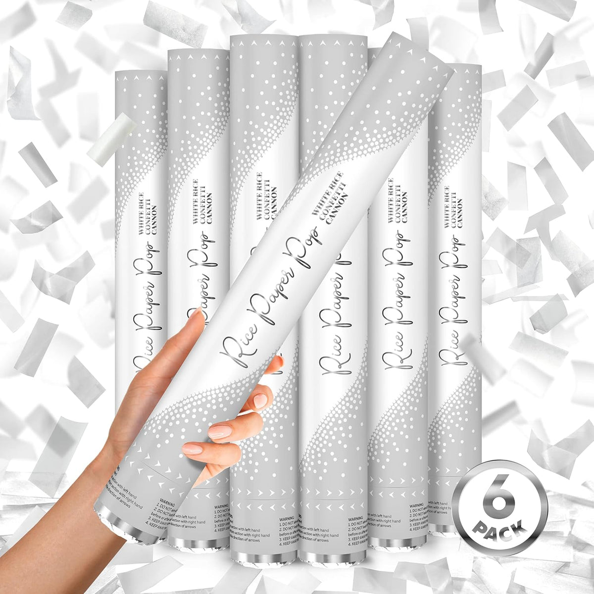 White RICE Paper Confetti Cannon - 16" Rice Paper Biodegradable Party Popper, Compressed Air