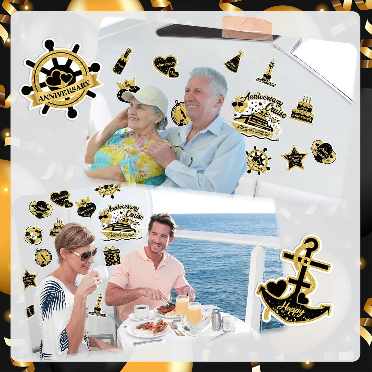 Happy Anniversary Cruise Door Magnets Decorations, Black Gold Happy Anniversary Cruise Ship Door