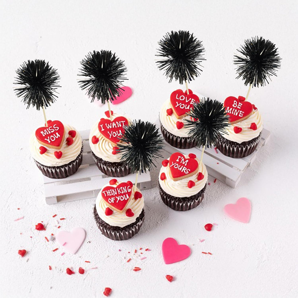 Ephlyn 30Pcs Foil Firework Cupcake Toppers Sparkle Tinsel Cupcake Picks Happy Birthday Cake