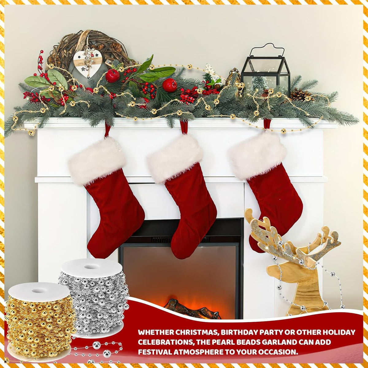JULBEAR Beads Garland Decoration,1 Rolls 131 Feet Gold Christmas Pearl Strands Chain Bead Garland