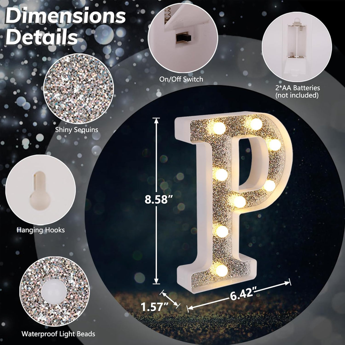 Marquee Light Up Letters, Glitter Silver LED Letter Lights Battery Powered Alphabet Letter Sign for