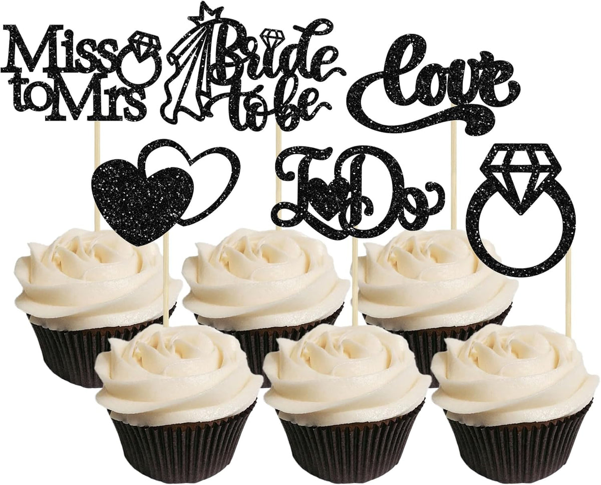 Gyufise 24Pcs Bride to Be Cupcake Toppers Black Glitter I Do Love Heart Ring Miss To Mrs Cupcake