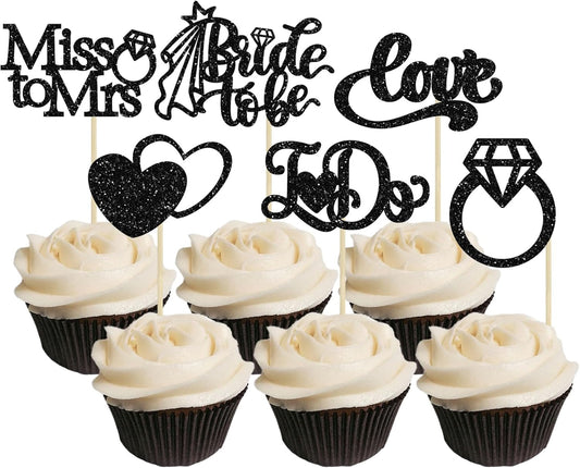 Gyufise 24Pcs Bride to Be Cupcake Toppers Black Glitter I Do Love Heart Ring Miss To Mrs Cupcake