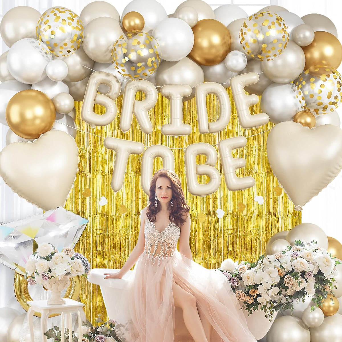 Cream Gold Bachelorette Party Decorations, Bride To Be Mylar Foil Letter Balloons with White Gold