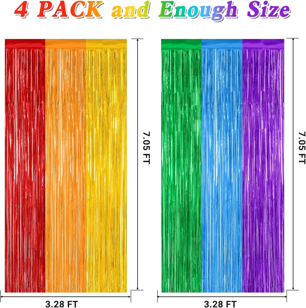 4 Pack Pride Decorations, 3.28 FT x 7.05 FT Rainbow Backdrop, Metallic LGBT Party Decor Foil Tinsel