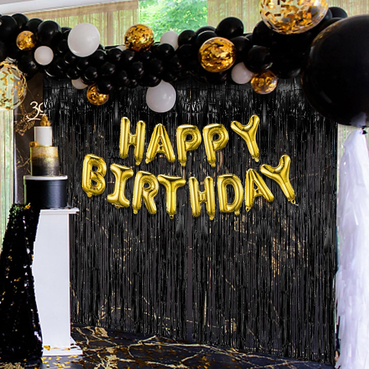 2 Pack Black Party Streamers Backdrop Tinsel Foil Fringe Curtains Halloween Party Decorations