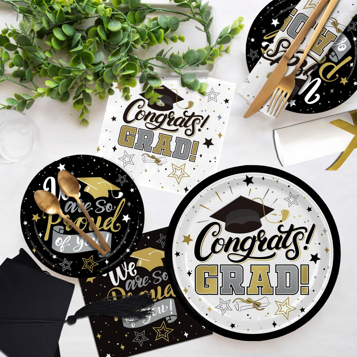 Graduation Decorations 2026 Black and Gold Grad Party Supplies with Disposable Plates, Napkins