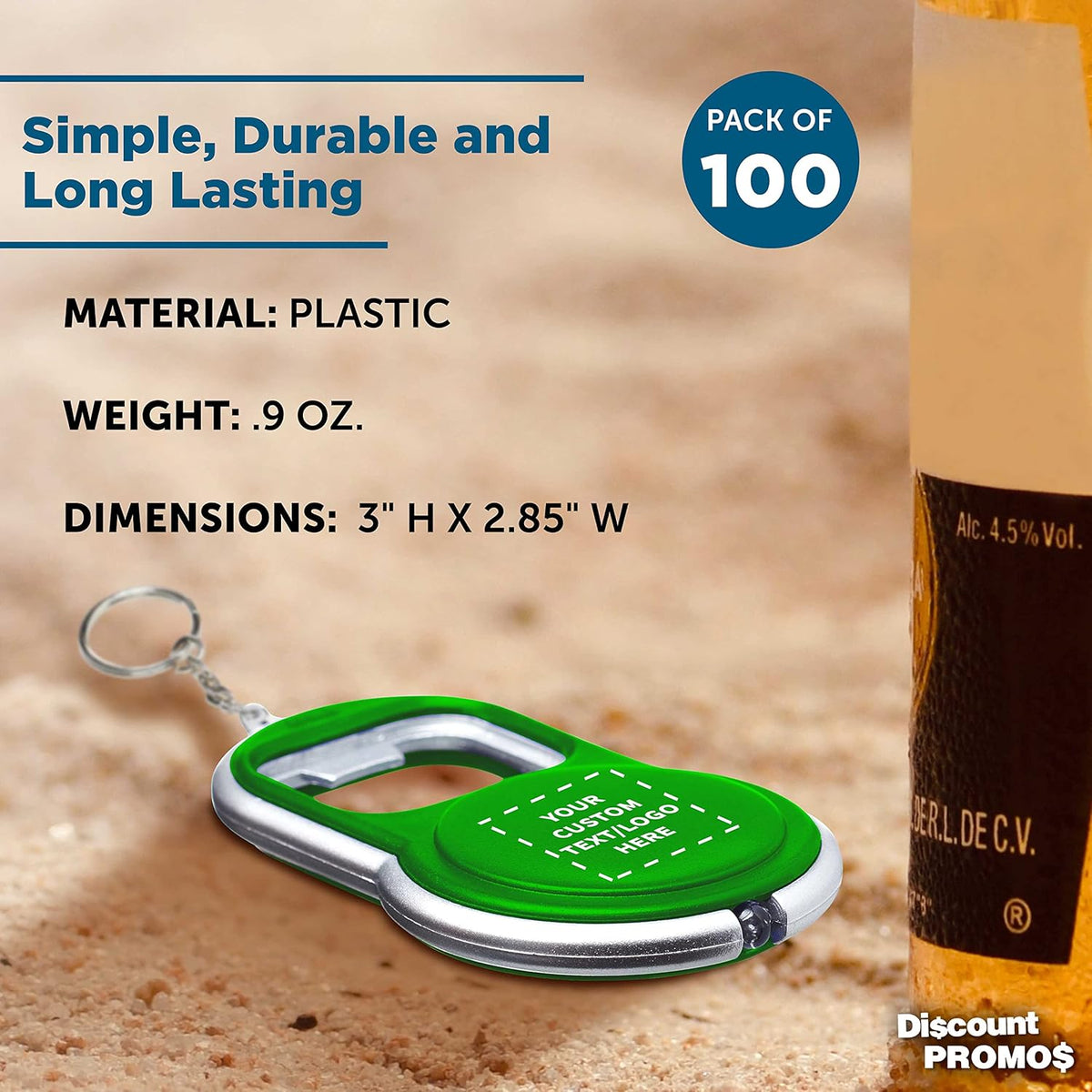 DISCOUNT PROMOS Custom Bottle Opener & LED Keychains Set of 100, Personalized Bulk Pack - Perfect