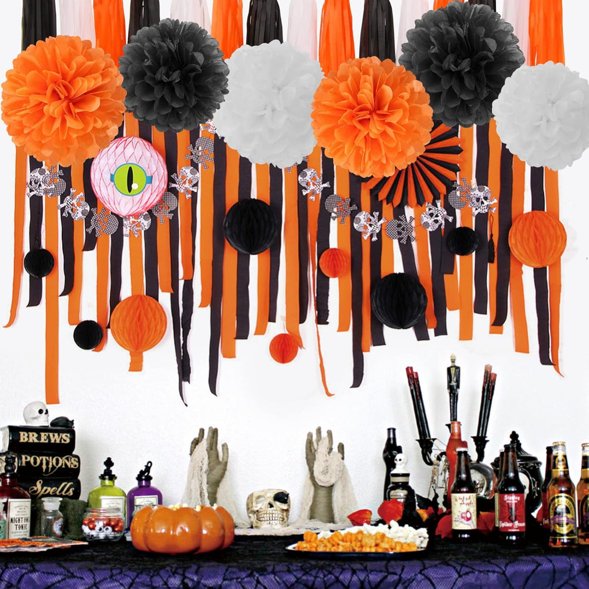 Black White Orange Halloween Party-Decorations - 23pcs Tissue Pom Poms Streamers,Tassel Garland