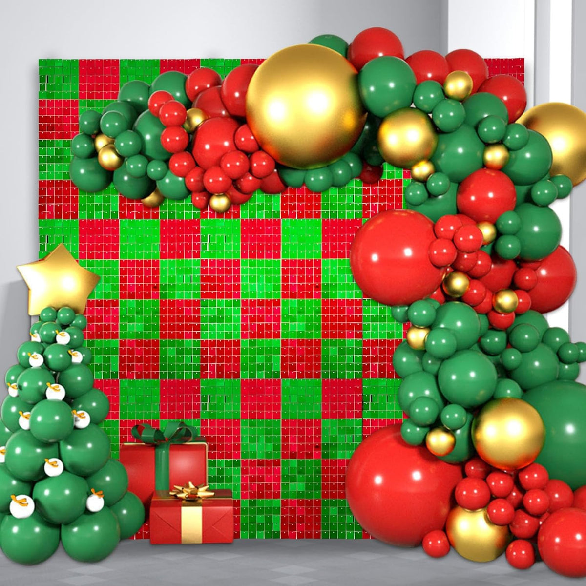 12PCS Red Green Shimmer Wall Backdrop, Laser Square Sequin Photo Backdrops Panel, Glitter Wall