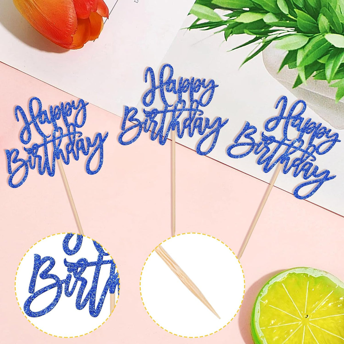 24 PCS Happy Birthday Cupcake Toppers Glitter Picks for Celebrating Anniversary Theme Party Cake