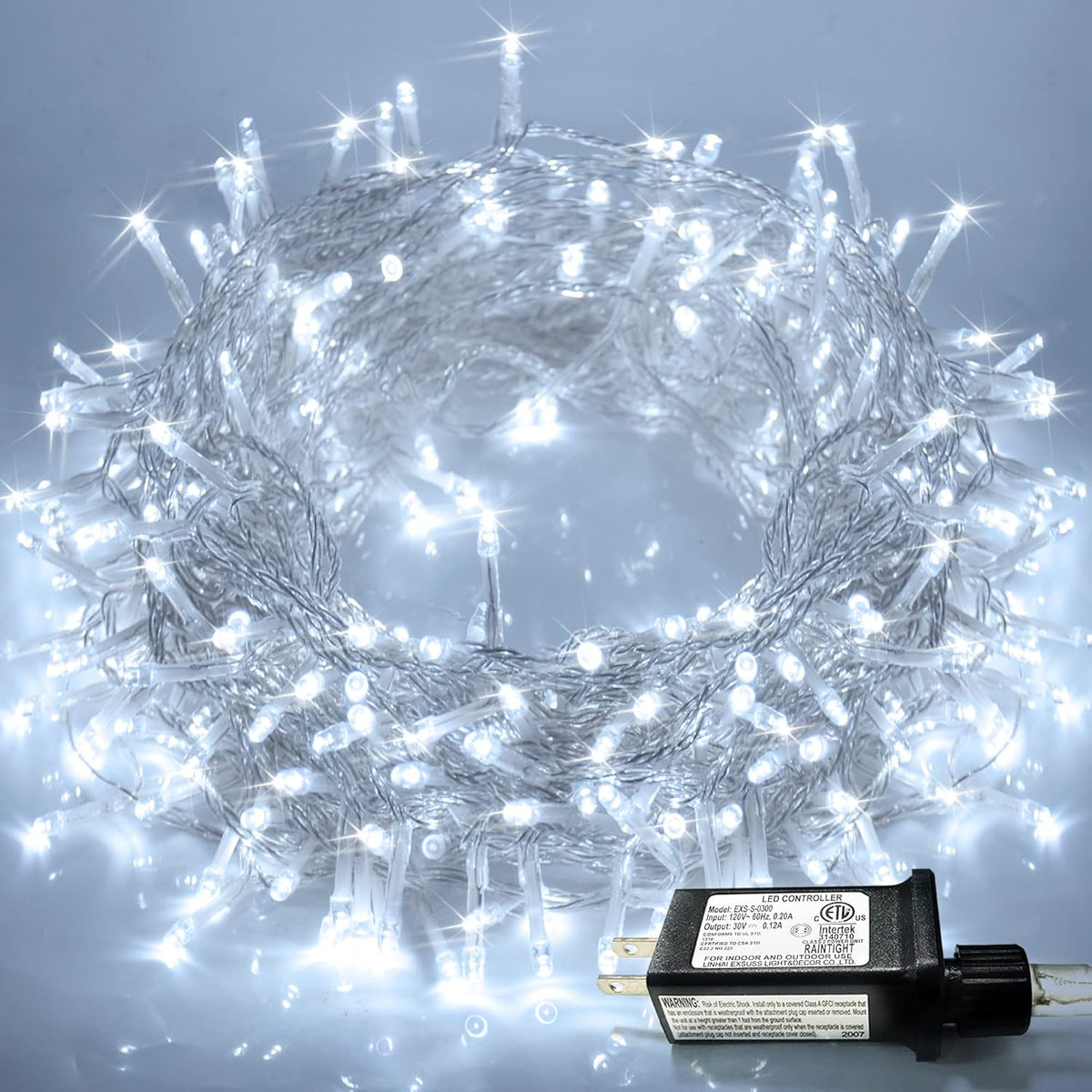 JMEXSUSS 300 LED Christmas Lights Clear Wire, 8 Modes White Christmas String Lights for Tree