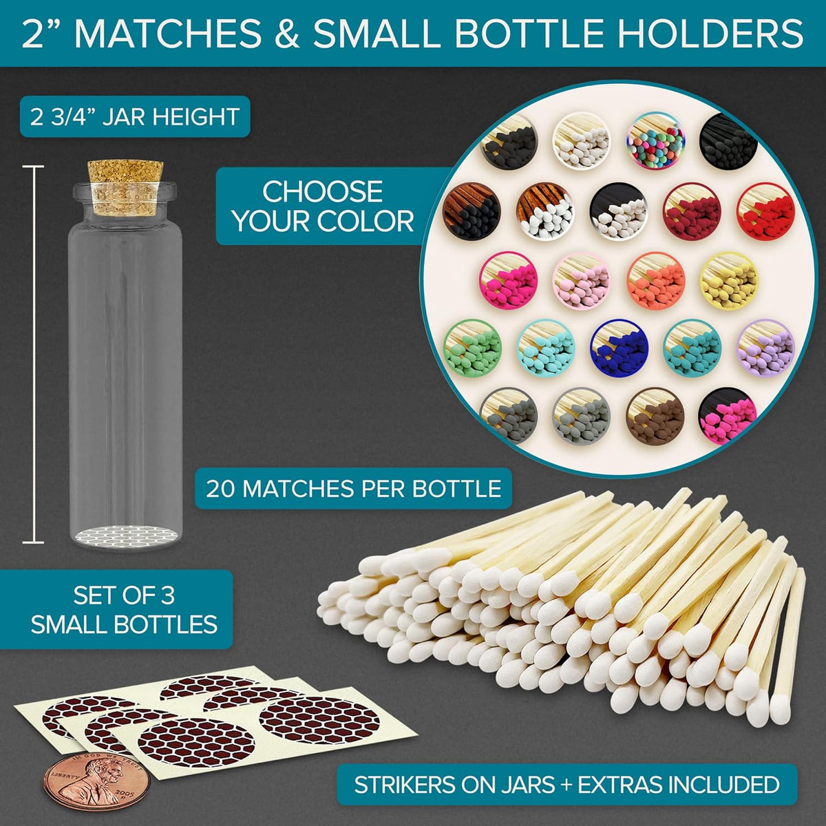 Thankful Greetings 2" Matches in 3 Glass Bottles Cork Top, Striker Stickers Included | 60