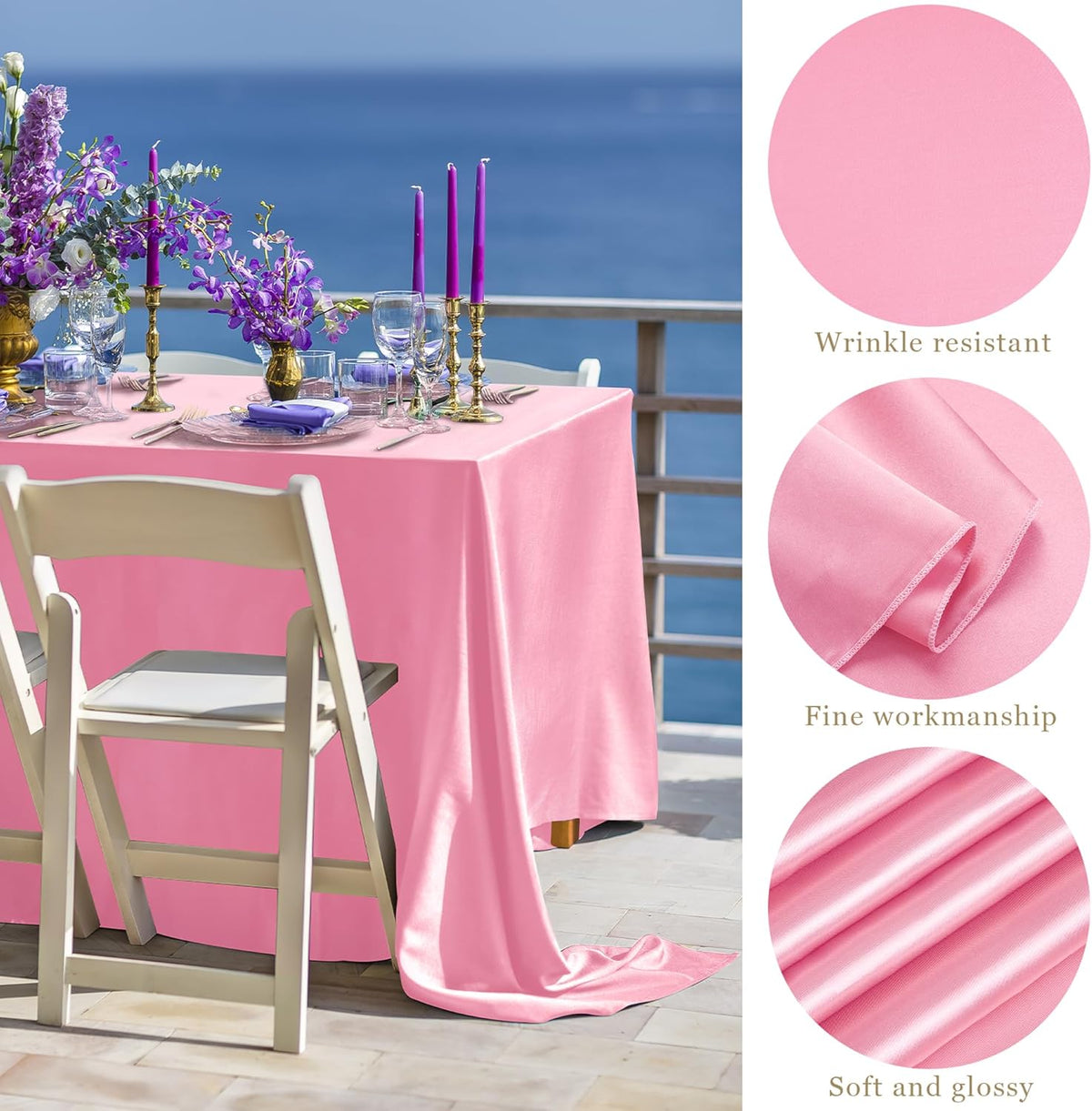 TURSTIN 1 Pack Pink Satin Tablecloth 102 x 58 Inch Overlay Satin Table Cover Rectangle Bright Silk