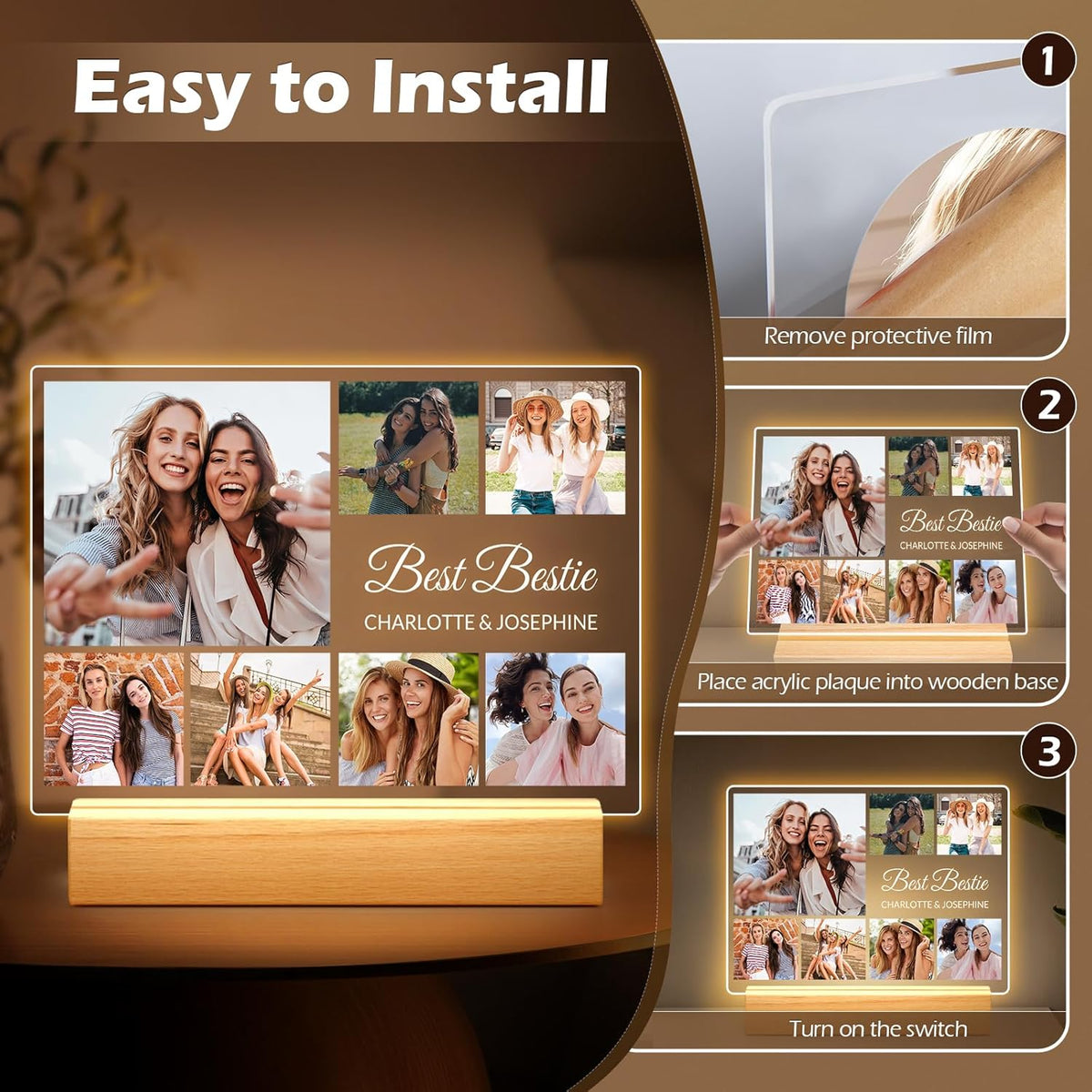 Personalized Picture Frames with Photo, Custom Photo Frame with Night Light, Customized Photo