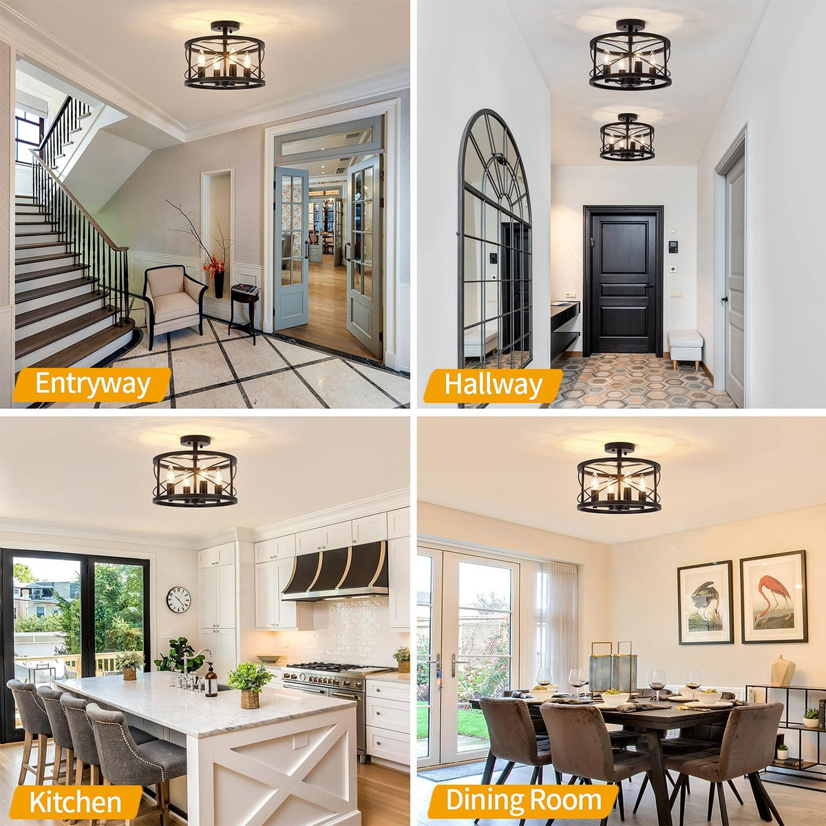 Black Semi Flush Mount Ceiling Light Fixture, 4-Light Farmhouse Modern Ceiling Light, Hallway Light