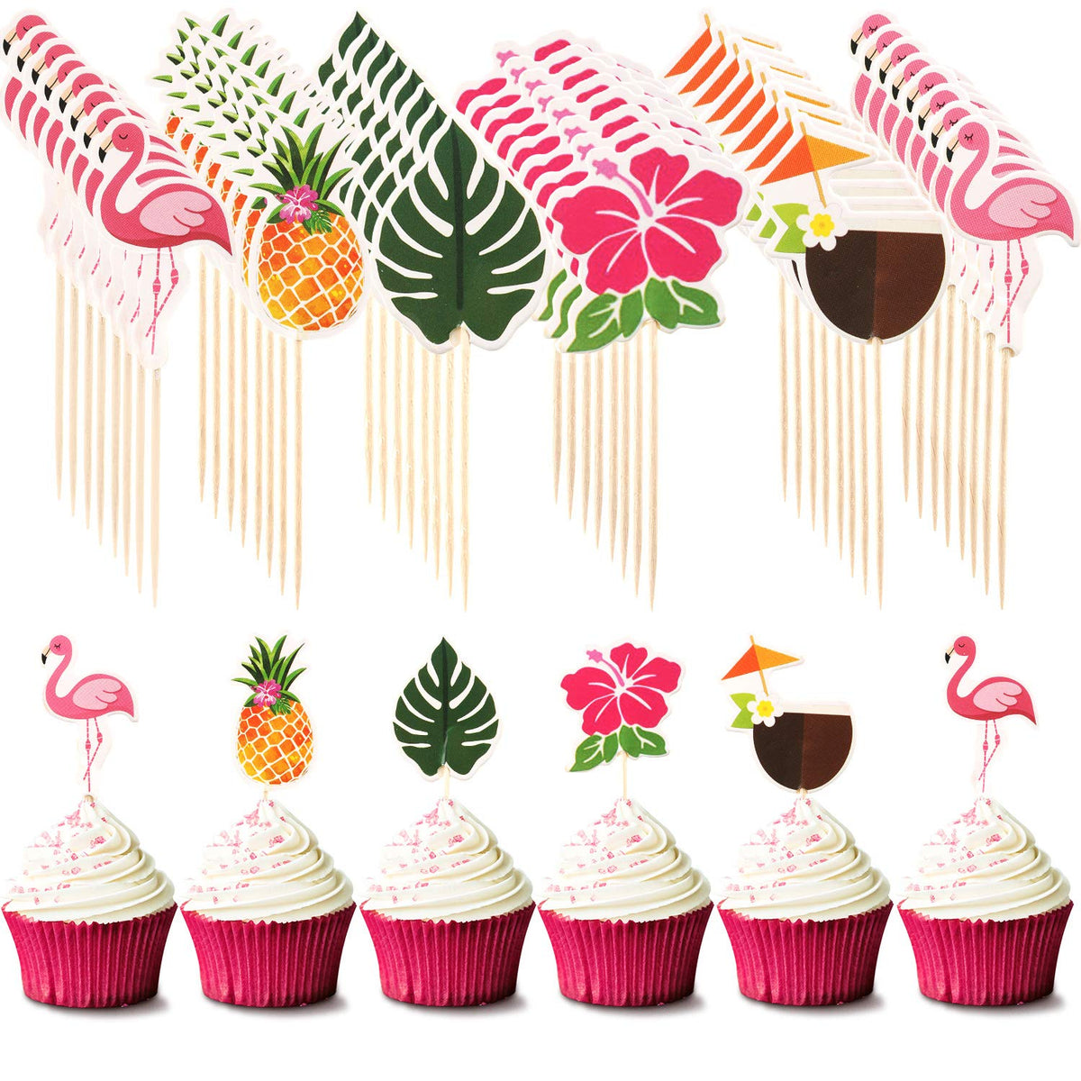 Luau Cupcake Toppers Tropical Cake Decorations Hawaiian Toothpicks Sticks with Flamingo Pineapple