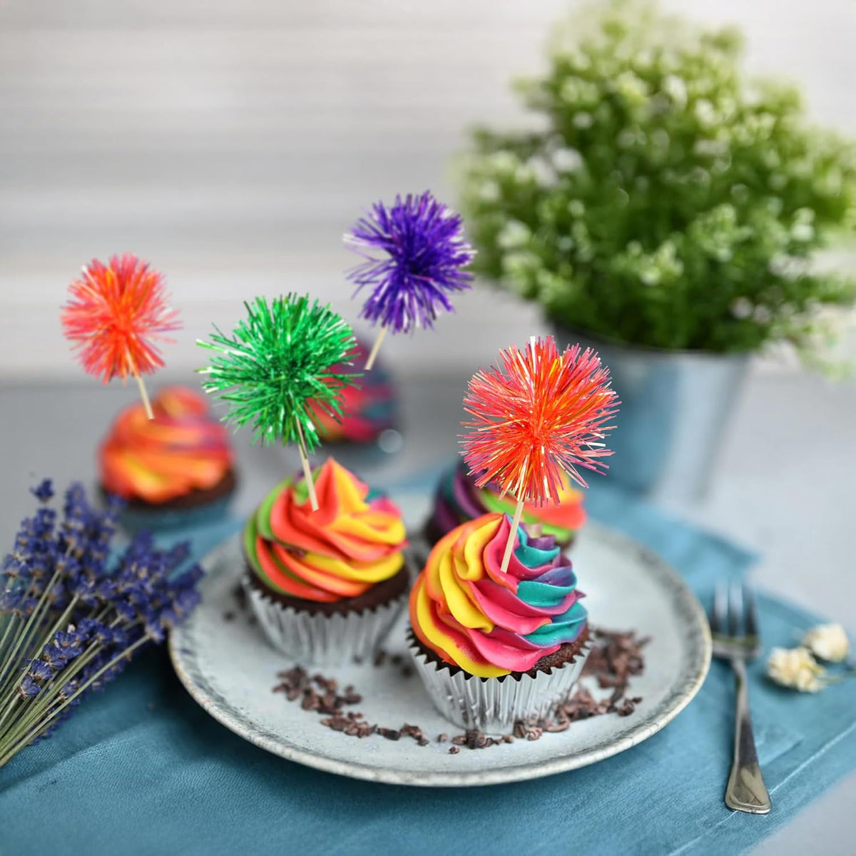 Gyufise 30Pcs Foil Firework Cupcake Toppers Sparkle Tinsel Cake Toppers Tinsel Drink Cake
