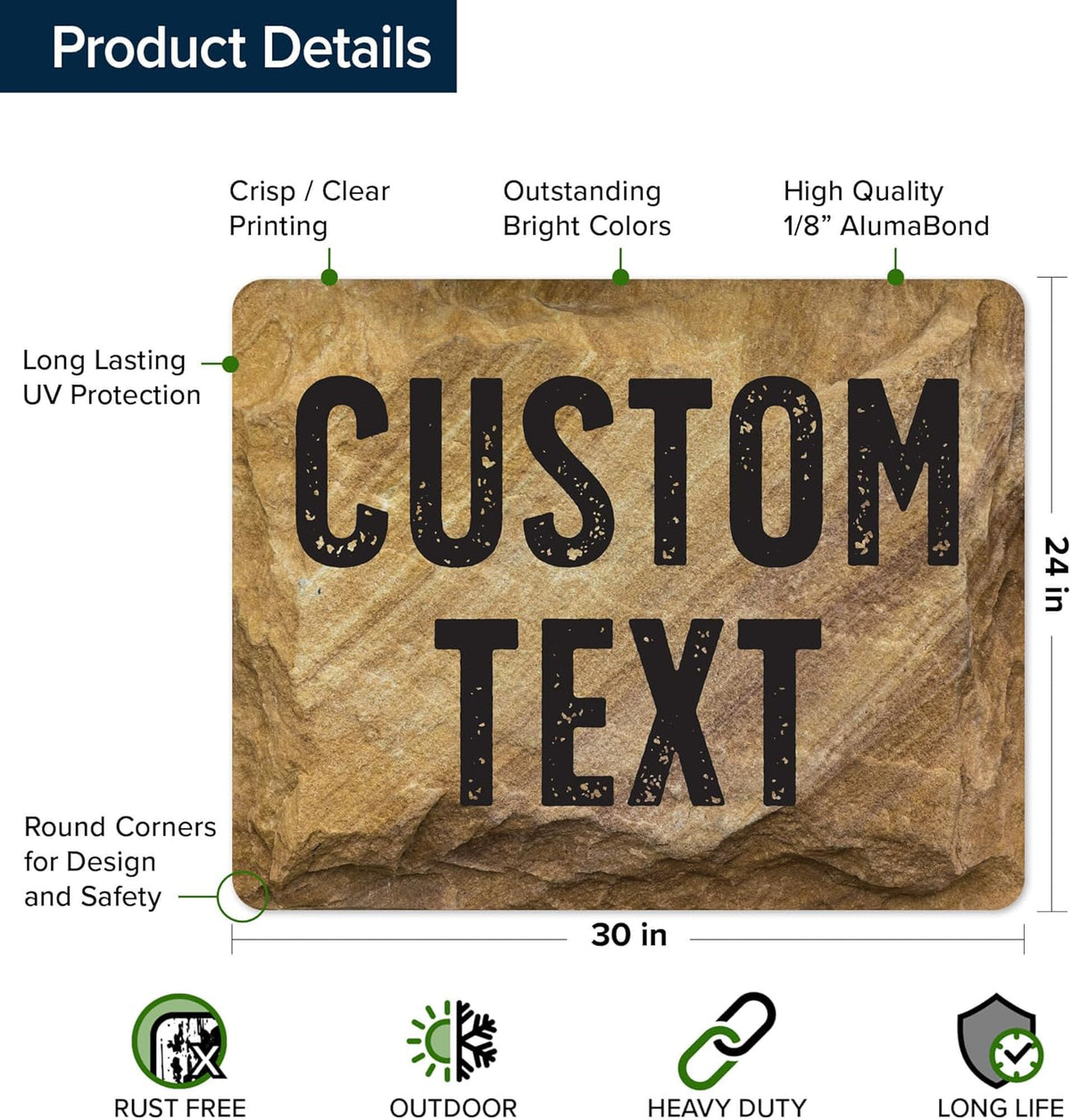 Custom Sign, Custom Street Sign, 11 Font Colors, 13 Font Styles, 4 Hole Options, 22 Sizes, 24x30