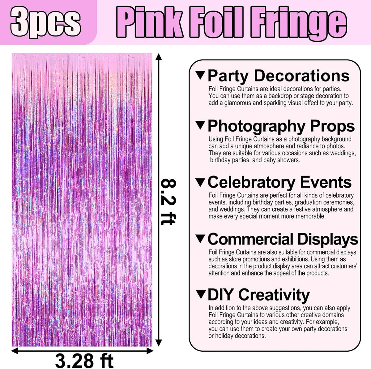 3 Pack Pink Foil Fringe Curtain Backdrop, 3.28Ft x 8.2Ft Metallic Tinsel Foil Fringe Streamer