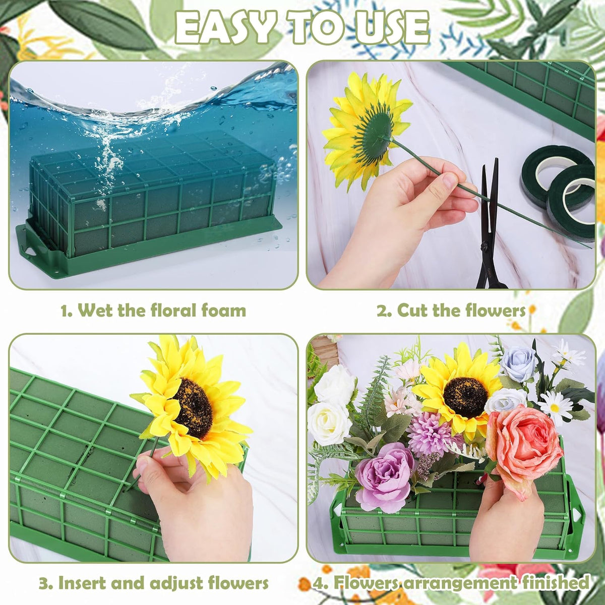 Aodaer 4 Pieces Floral Foam Cage with Floral Foam for Fresh and Artificial Flowers Rectangle Dry