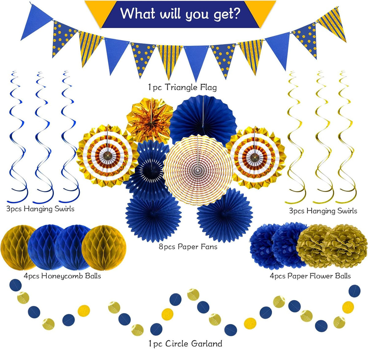 Blue Gold Party Decorations Paper Fans, Graduation Season Hanging Glitter Triangle Flags Banner