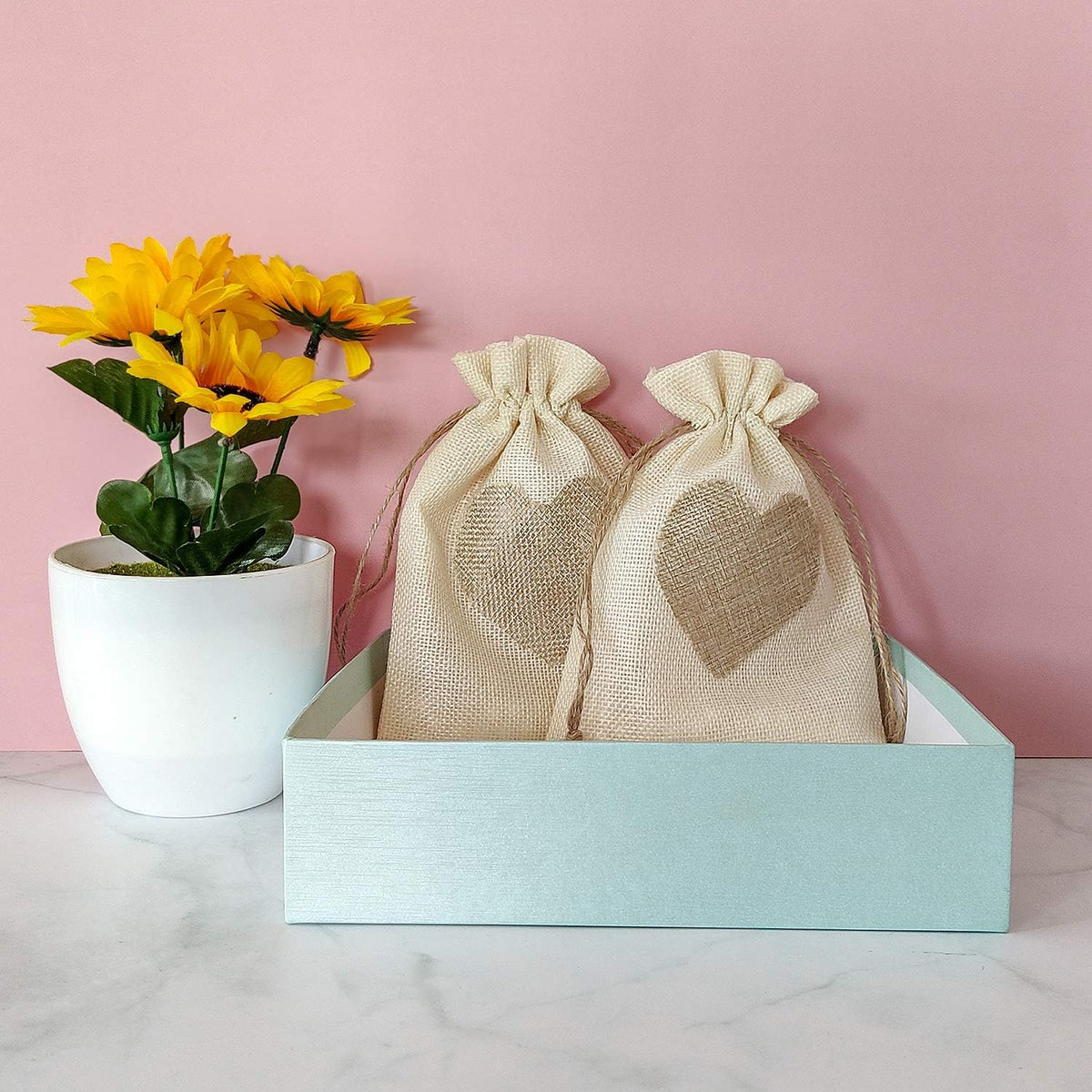 SumDirect Heart Burlap Bags with Drawstring - 36Pcs 5x7Inch Beige Small Linen Gift Pouch for