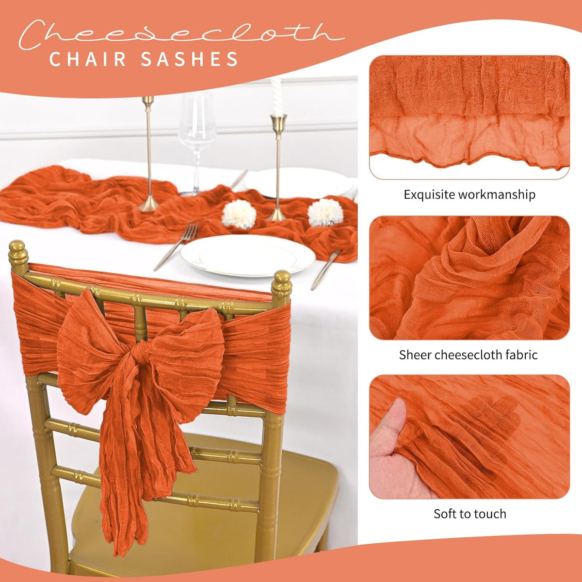 50 PCS Cheesecloth Chair Sashes, Bows Designed ChairSashes, 15.7x70 inch Chair Sashes for Aisle
