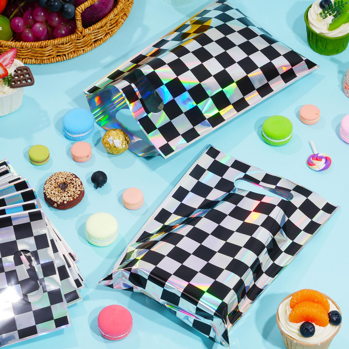 FunnyPars 50 Pcs Iridescent Checkered Race Car Party Favor Bags