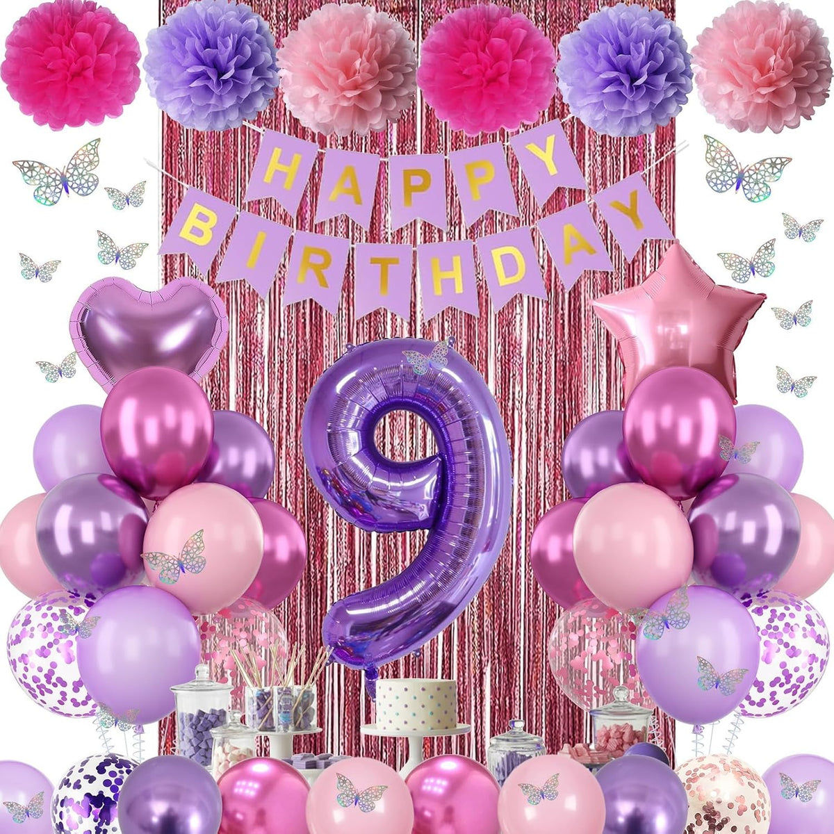 Pink Purple 9th Birthday Party Decorations for Girls Number 9 Balloon Happy Birthday Banner