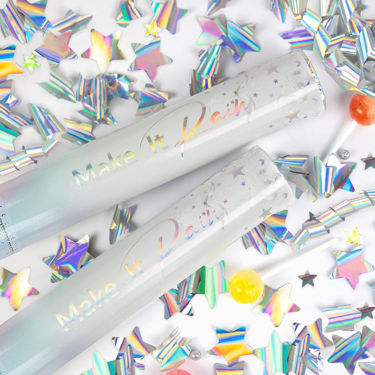 PrimePure Confetti Cannon Party Poppers - Holographic Silver Stars Confetti Popper - 2 Pack