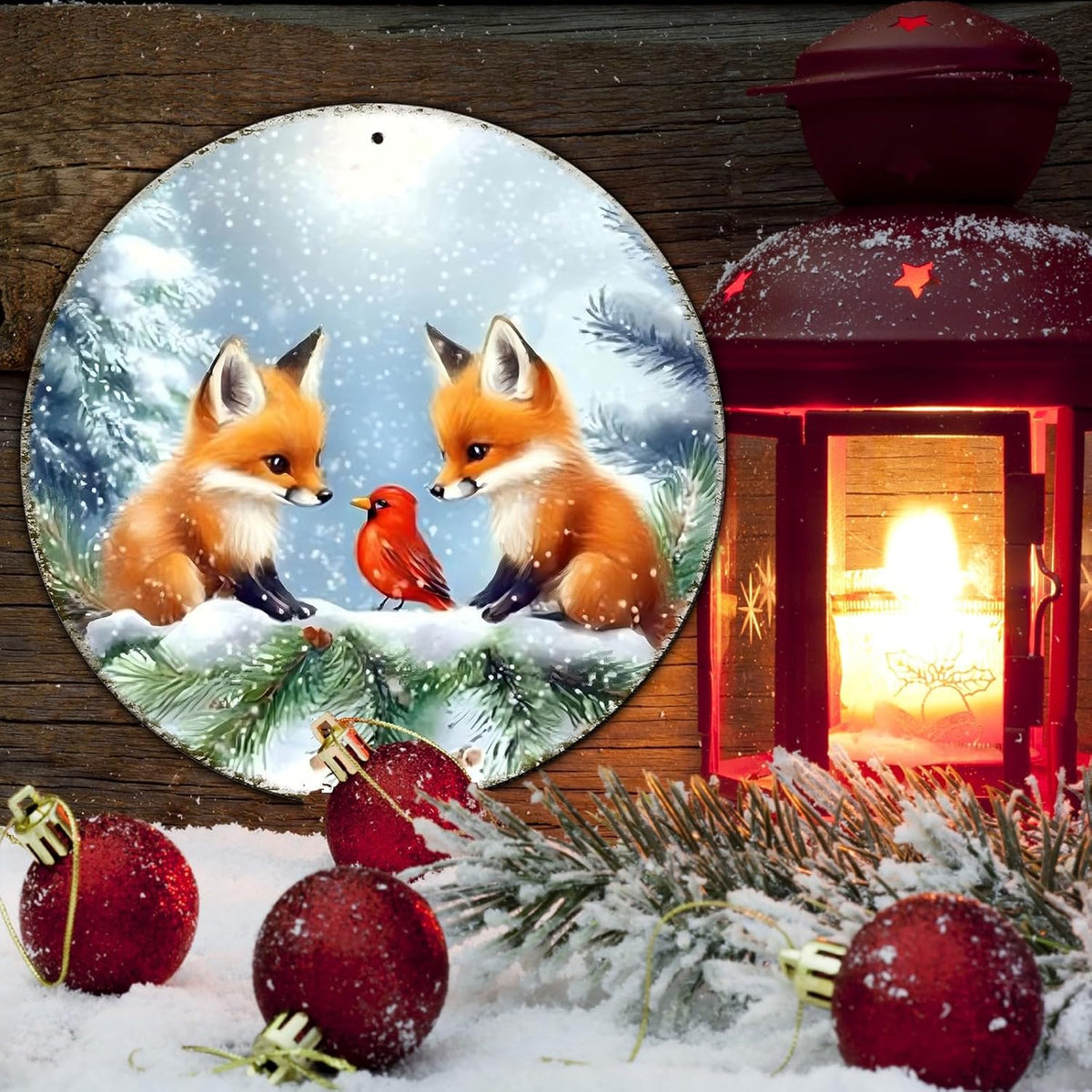 Christmas Round Fox Metal Tin Sign - Red Bird Winter Vintage Sign for Home & Outdoor Decorations